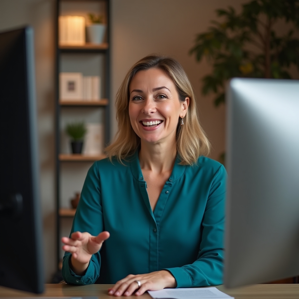 Webinar facilitator presenting to small group online, screen visible with structured content, warm engaged expression, modern home office background